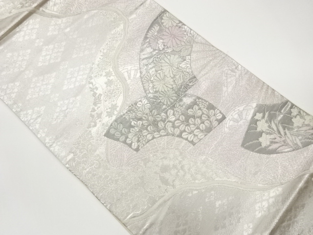 Oriented pouch obi with platinum foil fan, autumn grasses, water chestnuts, and